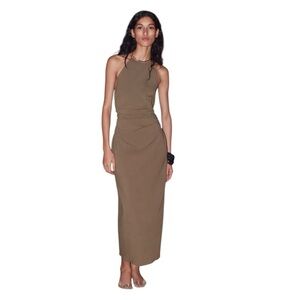 Blue Rain Olive Green Knit Halter Midi Dress Ruched Side Detailing